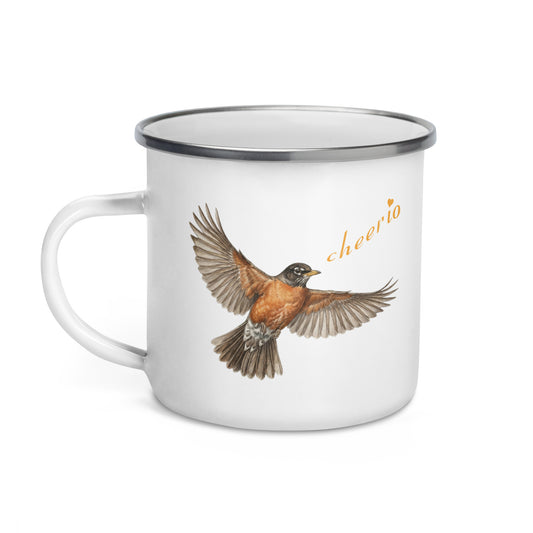 Product mockup of Robin Discovery Enamel Mug, a white mug with a silver rim and a realistic flying robin singing, "cheerio."
