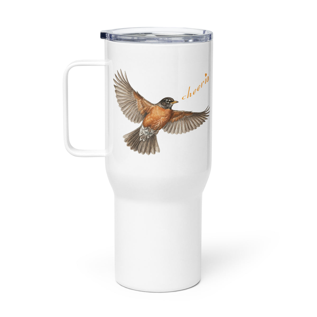 Product mockup of Robin Discovery Travel Mug.  Features include lid, handle, realistic robin flying and singing, "cheerio" against a white background.