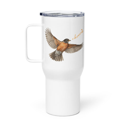 Product mockup of Robin Discovery Travel Mug.  Features include lid, handle, realistic robin flying and singing, "cheerio" against a white background.