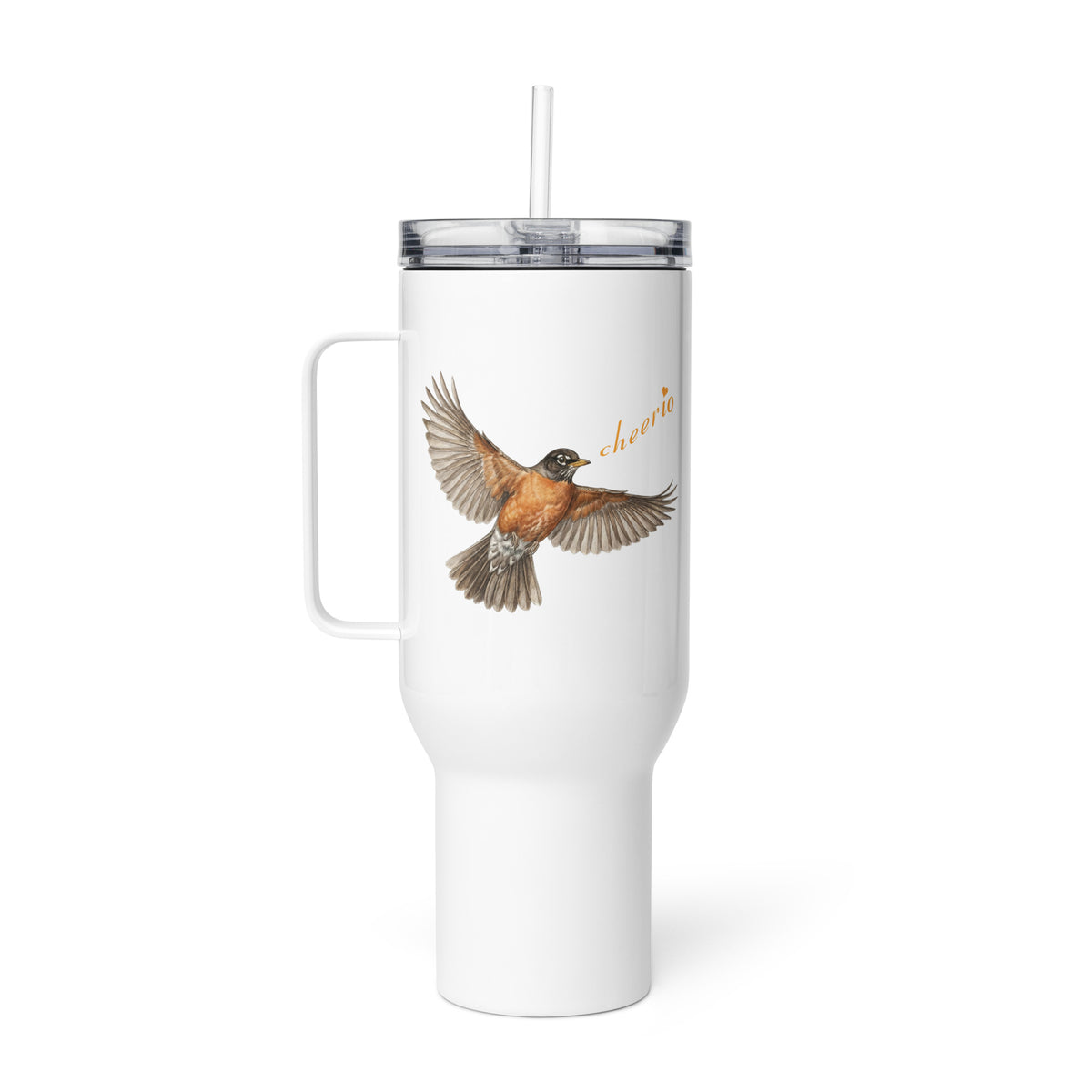 Product mockup of 40 oz Robin Discovery Travel Mug.  Features include lid, handle, and straw.  Design is a realistic robin flying and singing, "cheerio" against a white background.