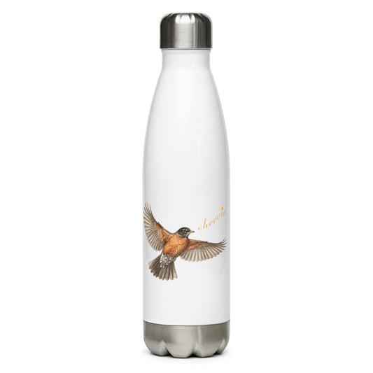 Product mockup the Robin Discovery Water Bottle, a stainless steel bottle with twist cap.  A realistic robin flies against a white background singing, "Cheerio."