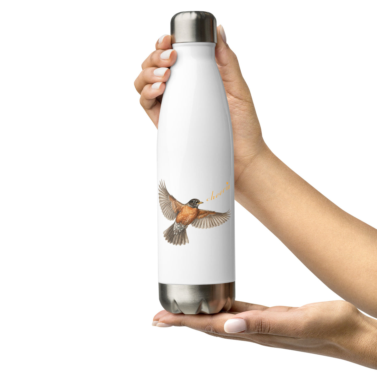 Product mockup of Robin Discovery Water Bottle held up in a woman's hands.  The realistic flying robin singing, "cheerio" is visible.