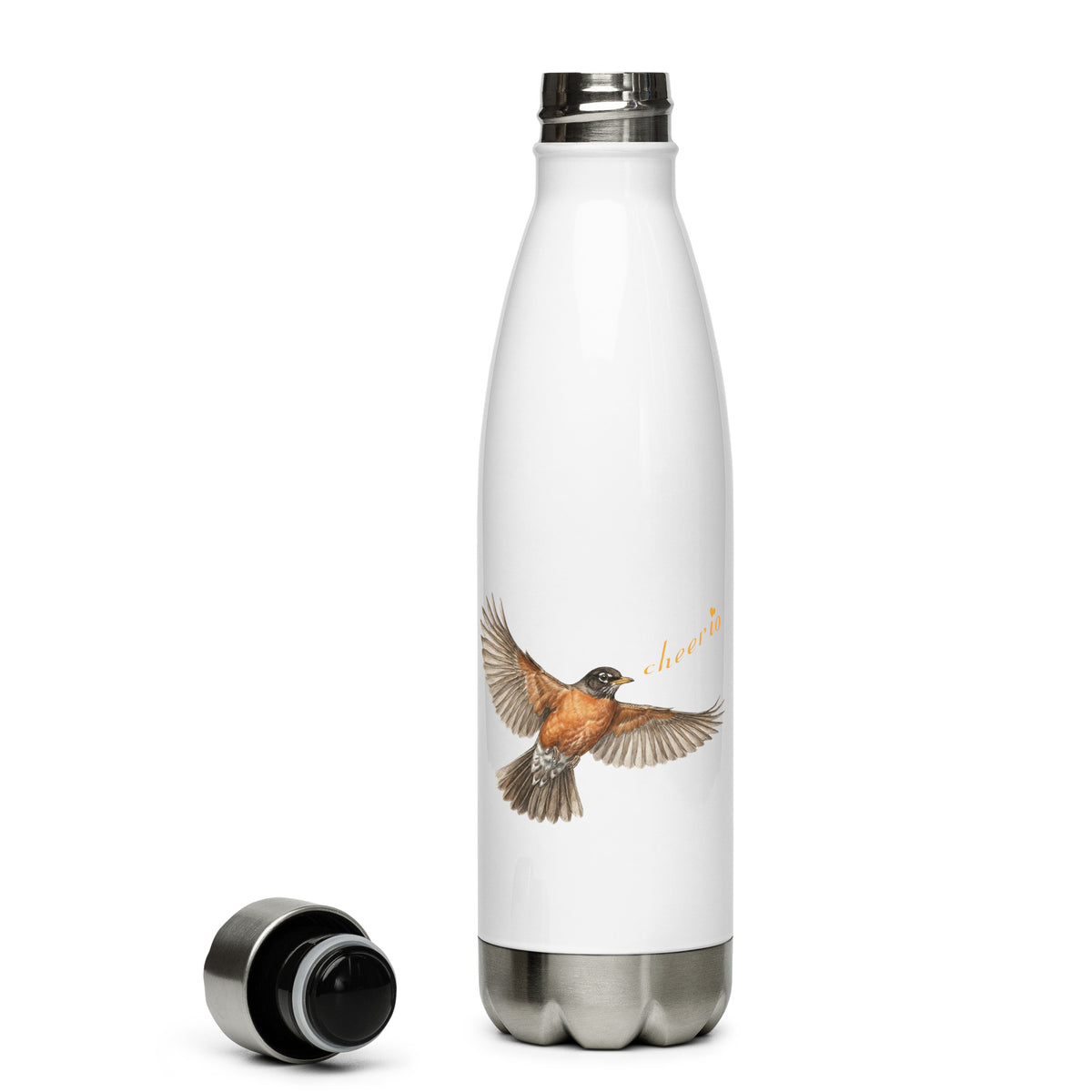 Product mockup of Robin Discovery Water Bottle with the lid off.  The realistic flying robin singing, "cheerio" is visible.