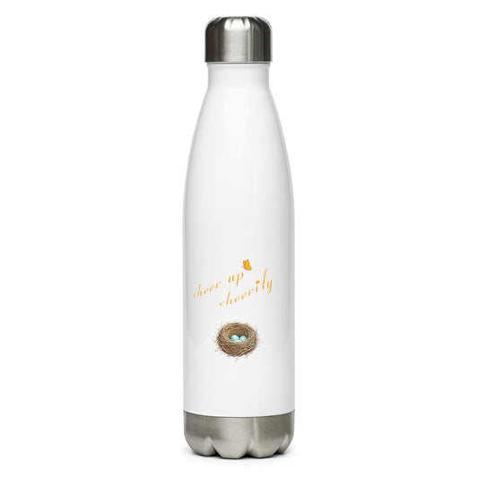 Product mockup the Robin Discovery Water Bottle, a stainless steel bottle with twist cap.  This reverse side shows a nest with three robin-blue eggs in it and the words, "Cheer up cheerily" accented by Petals & Paws butterfly.