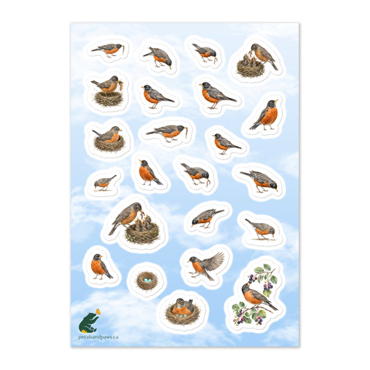A glossy wildlife sticker sheet showing robins in various nesting and foraging stages against a blue & white sky, ideal for travel journals, envelopes, and outdoor adventure scrapbooks | Petals & Paws