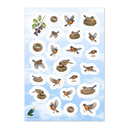 A glossy wildlife sticker sheet showing robins in various nesting and flying poses against a blue & white sky, ideal for travel journals, envelopes, and outdoor adventure scrapbooks | Petals & Paws