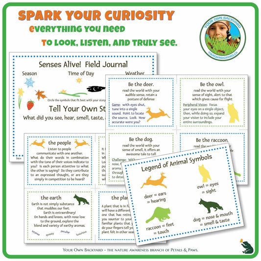 Inspiration text for using this product at the top, with Your Own Backyard logo in the top right corner. Main image area gives a closer look at the card and field journal template design, along with the animal guides legend. "Your Own Backyard - The Nature Awareness Branch of Petals & Paws" running along the bottom.