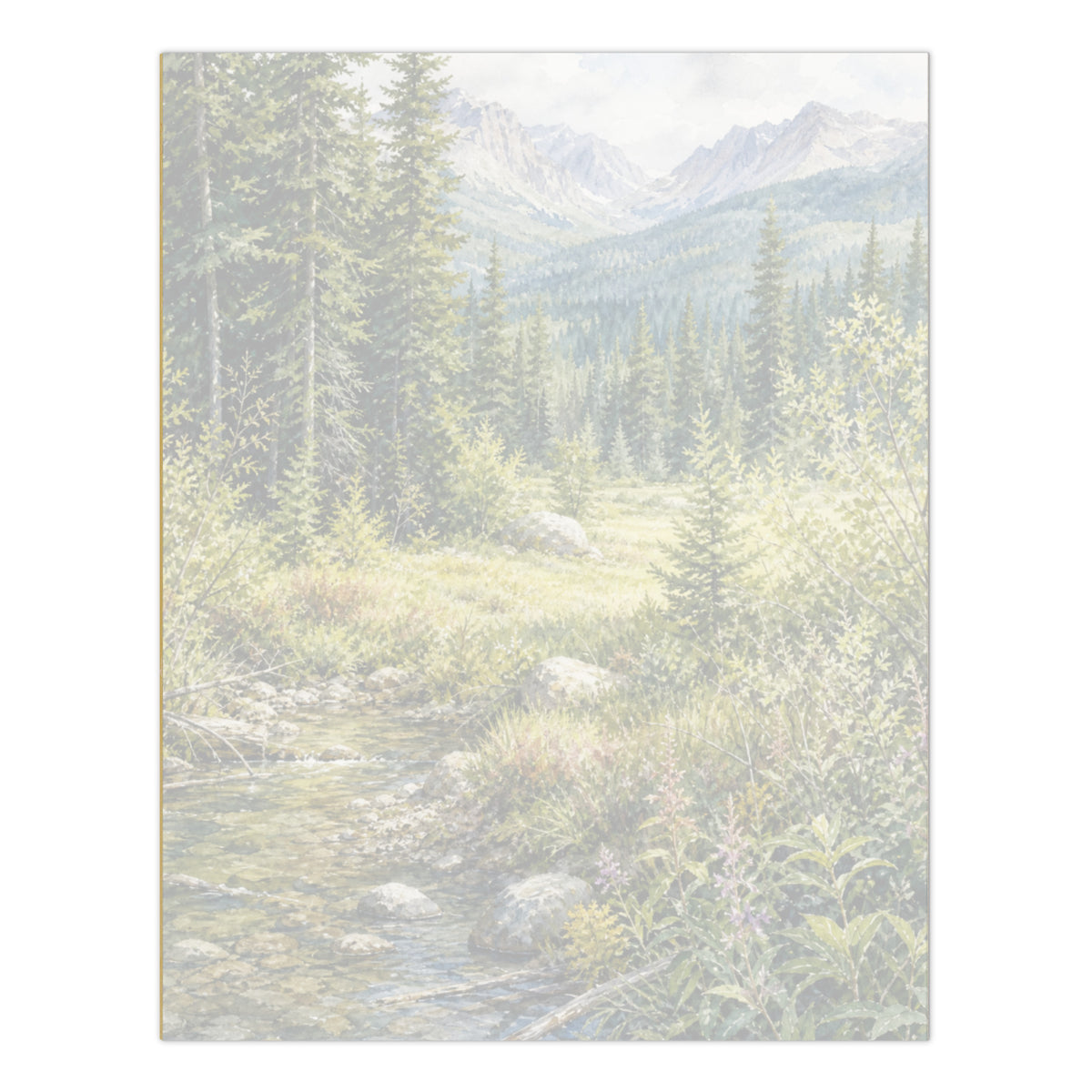 Timberline Brook large notepad, 8.5″ × 11″ (21.6 cm × 27.9 cm).  Overall design of Rocky Mountain Icefields terrain.