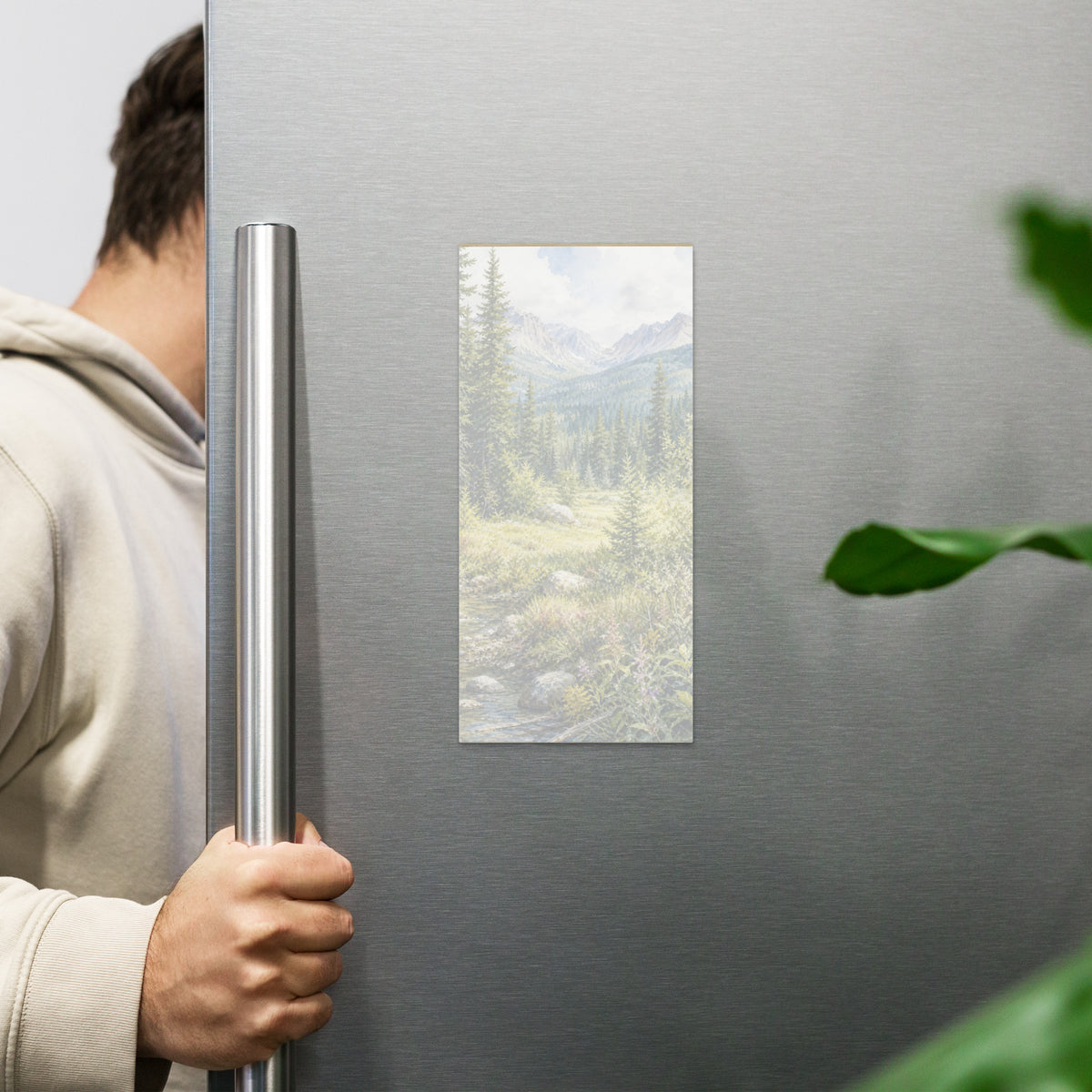 Timberline Brook magnetic notepad, 4.25″ × 9″ (10.8 cm × 22.9 cm) displayed on fridge.  Overall design of Rocky Mountain Icefields terrain.