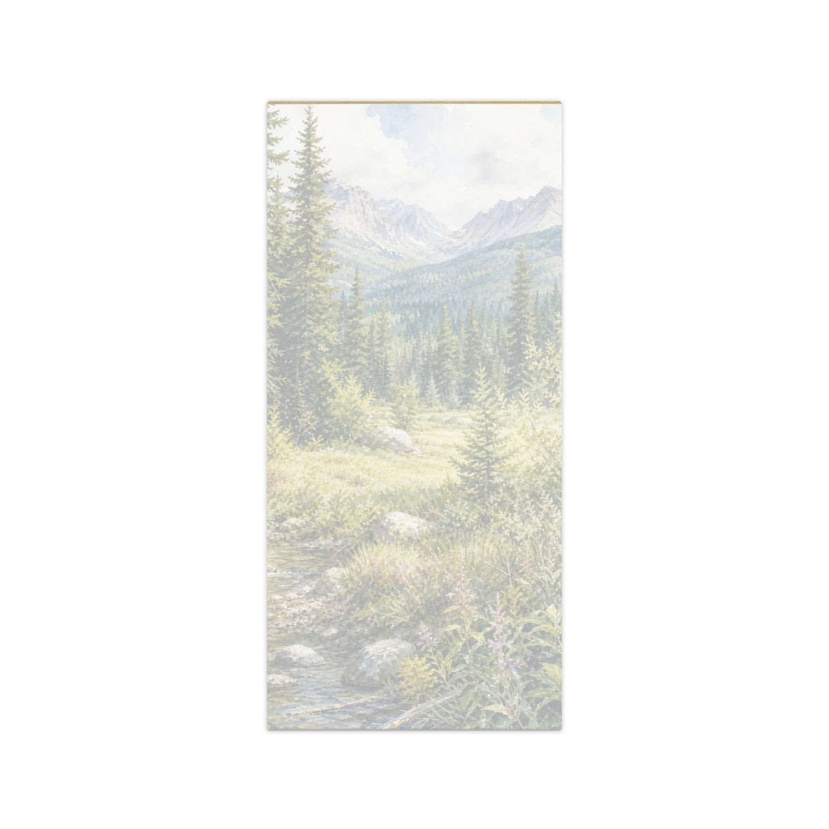 Timberline Brook magnetic notepad, 4.25″ × 9″ (10.8 cm × 22.9 cm).  Overall design of Rocky Mountain Icefields terrain.