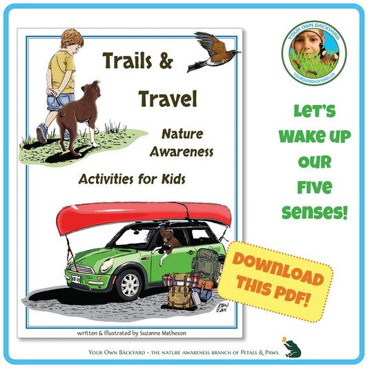 Product cover for prompt card set, Trails & Travel Nature Awareness Activity Cards. Product cover, featuring hike and travel-themed illustrations fills the left side, with Your Own Backyard logo in the top right, sidebar text below this, and call-out, "Download This PDF!" further down. "Your Own Backyard - The Nature Awareness Branch of Petals & Paws" runs along the bottom.