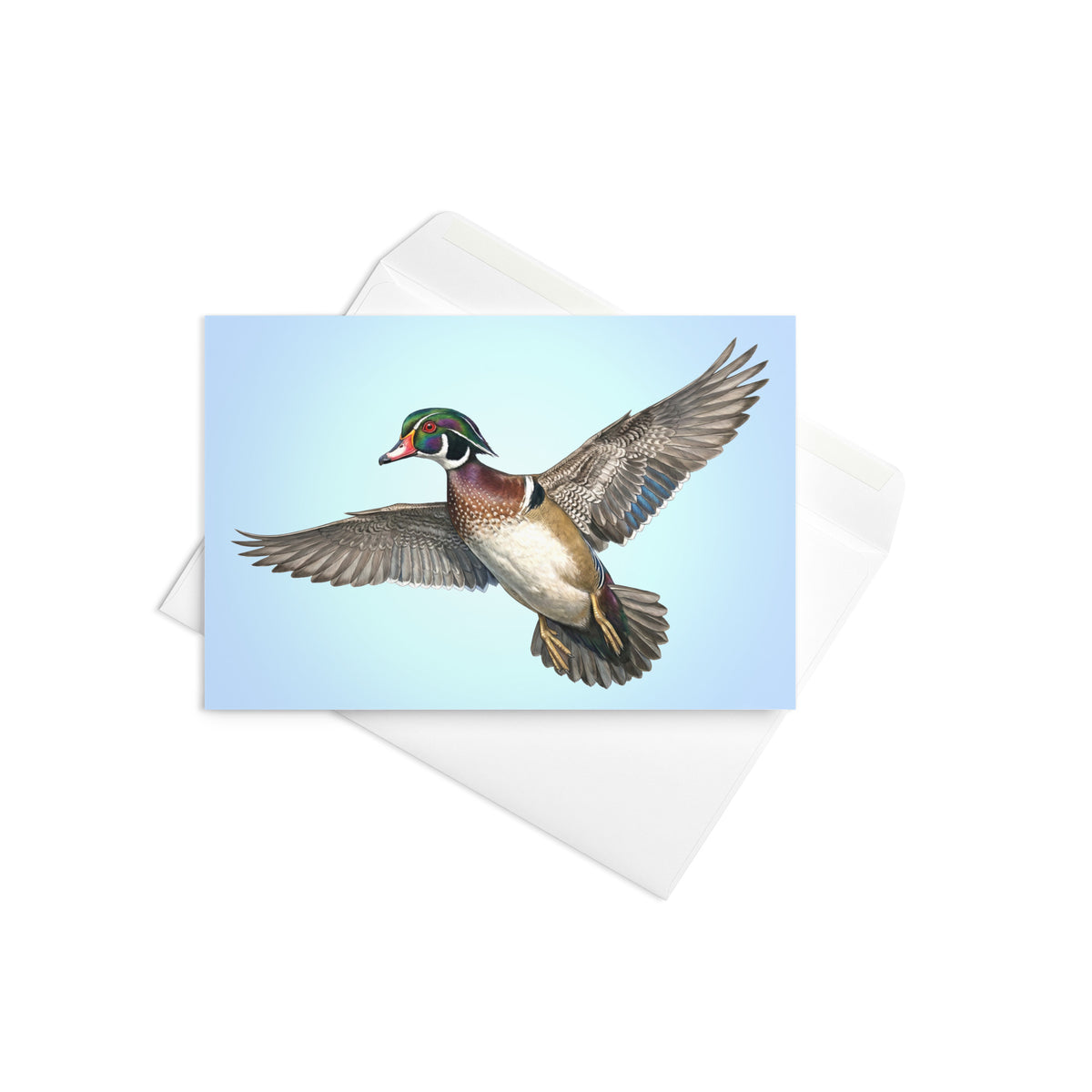 Product mockup of the Wood Duck Greeting Card, shown with the complimentary self-sealing envelope.