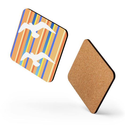 Two square Petals & Paws Drift coasters appear to be dancing against a white background, one showing the seagull orange striped pattern on the front, while the other shows the cork on the back.